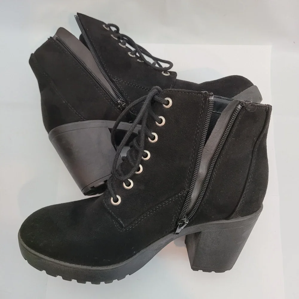 Platform Ankle Boots Womens Black Suede Lace Up Lug Sole Block Heel